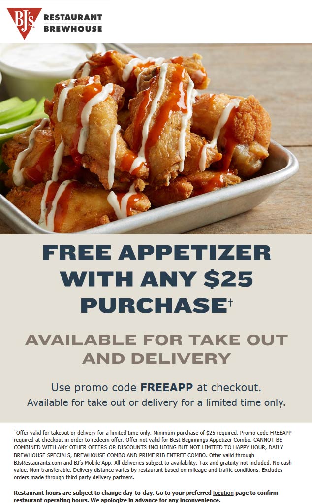 BJs Restaurant restaurants Coupon  Free appetizer with $25 spent at BJs Restaurant via promo code FREEAPP #bjsrestaurant