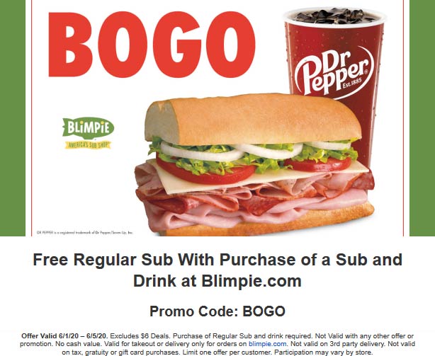 Blimpie restaurants Coupon  Second sub sandwich free at Blimpie via promo code BOGO #blimpie