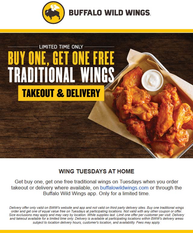 Second wings free today at Buffalo Wild Wings restaurants 