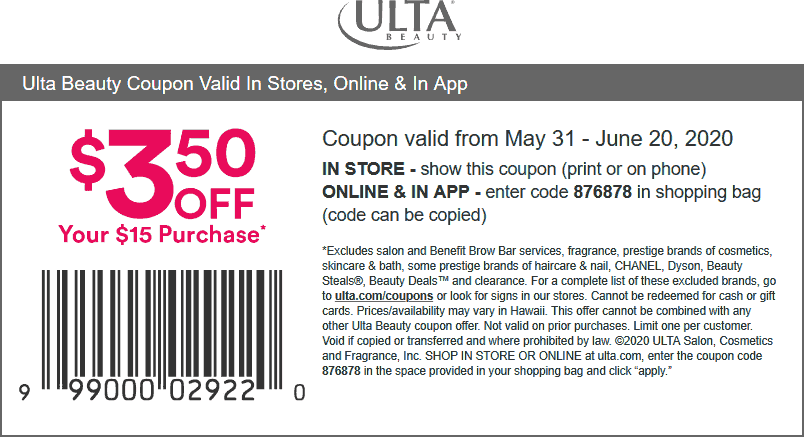 Ulta Beauty stores Coupon  $3.50 off $15 at Ulta Beauty, or online via promo code 876878 #ultabeauty