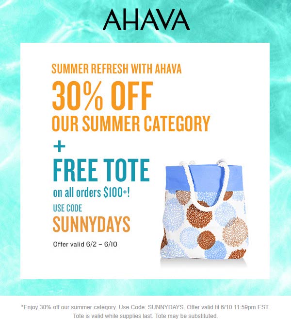 30 Off Free Tote On 100 At AHAVA Via Promo Code SUNNYDAYS ahava 