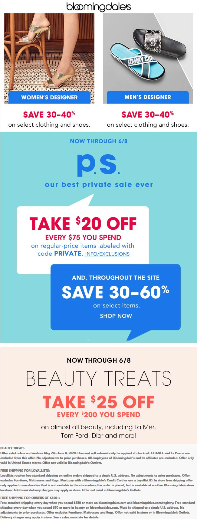 Bloomingdales stores Coupon  $20 off every $75 & more at Bloomingdales via promo code PRIVATE #bloomingdales
