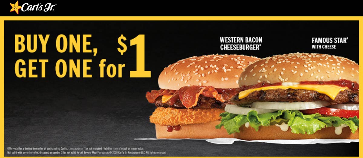 Second cheeseburger for $1 at Carls Jr #carlsjr | The Coupons App®