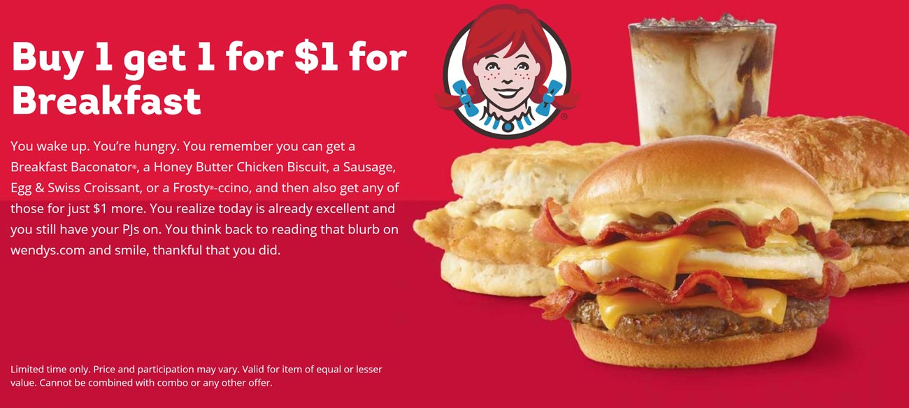 Wendys restaurants Coupon  Second breakfast sandwich for $1 at Wendys #wendys