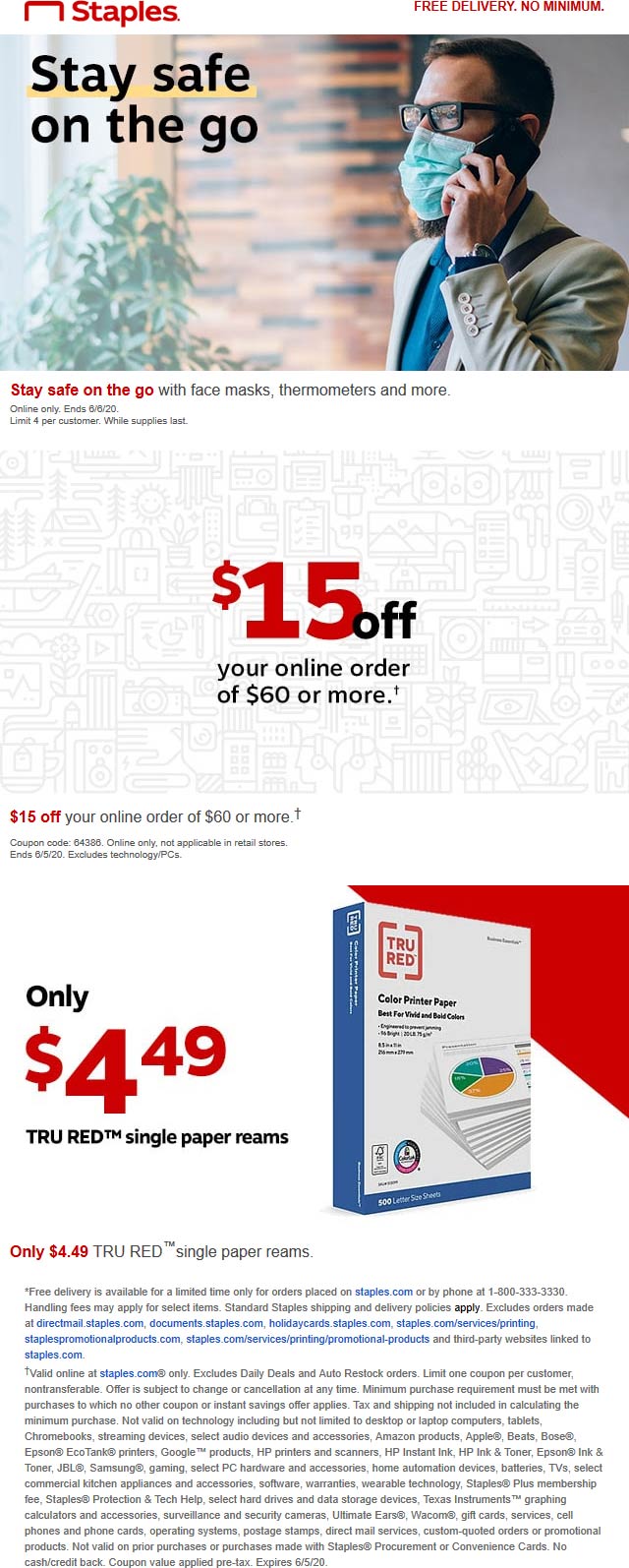 Staples stores Coupon  $15 off $60 online at Staples via promo code 64386 - free delivery no minimum #staples
