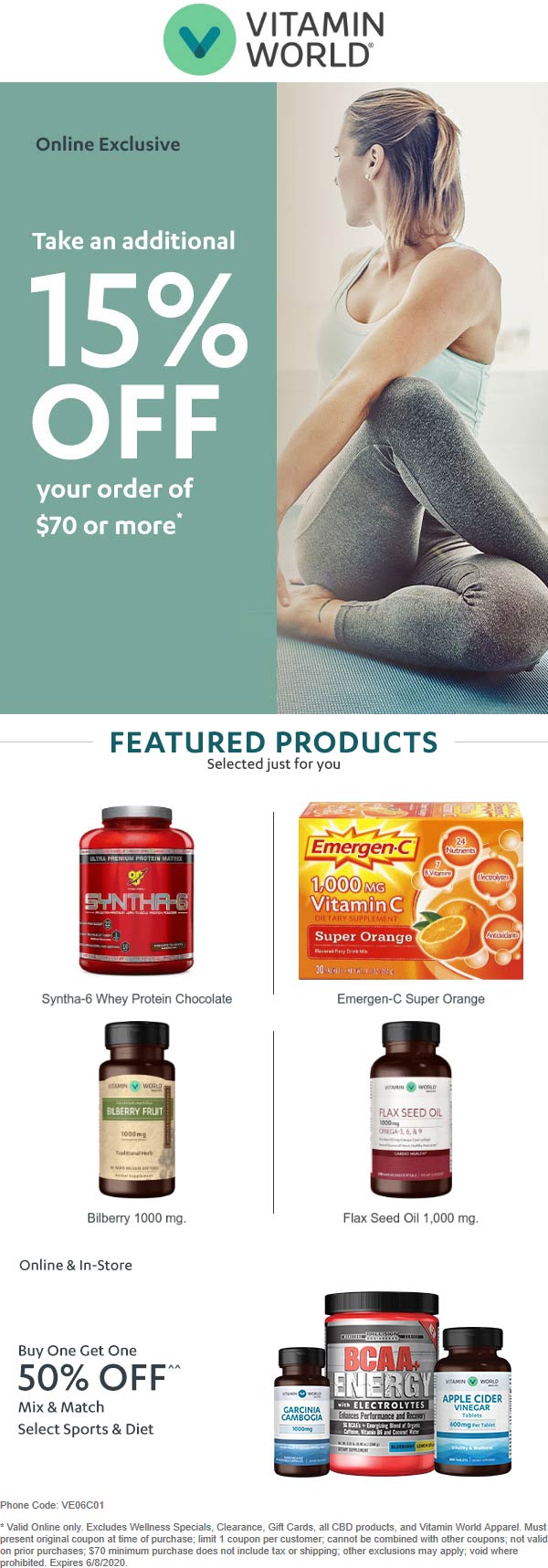 15 off 70 at Vitamin World via promo code VE06C01 vitaminworld The