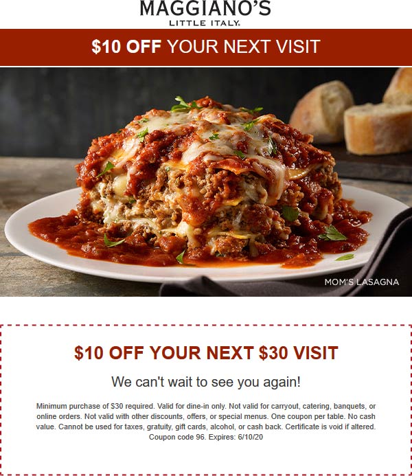 10 off at Maggianos Little Italy restaurants maggianoslittleitaly