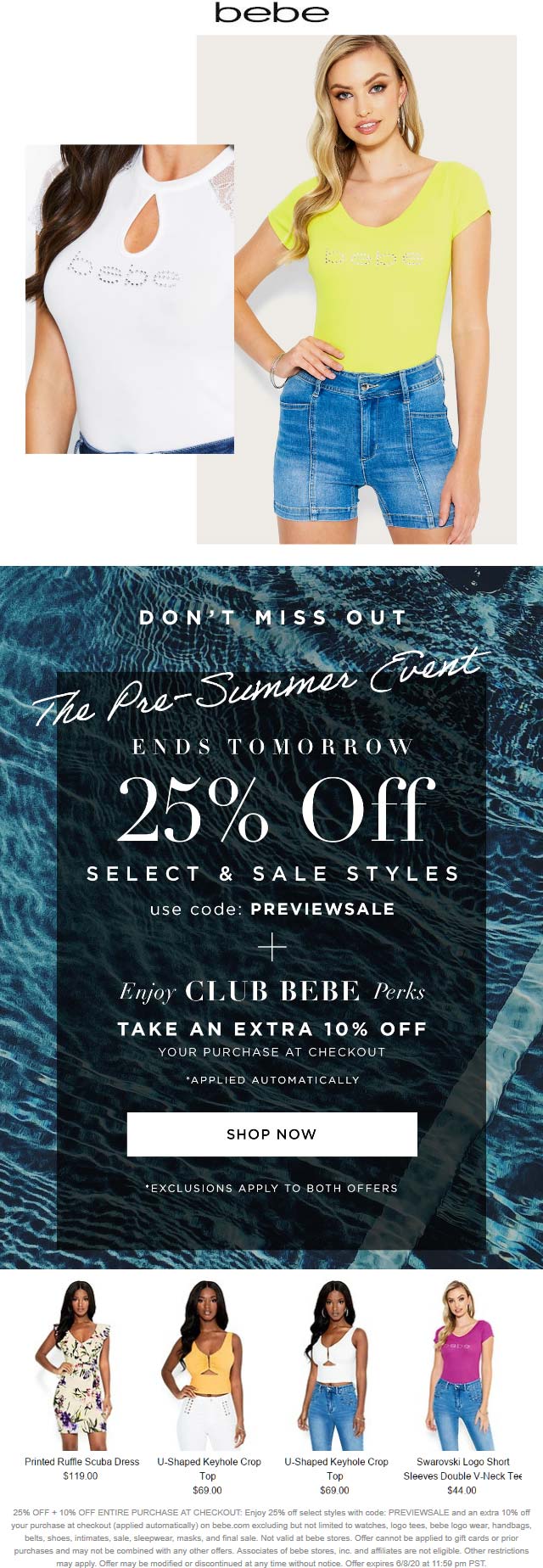 bebe stores Coupon  25% off at bebe via promo code PREVIEWSALE #bebe