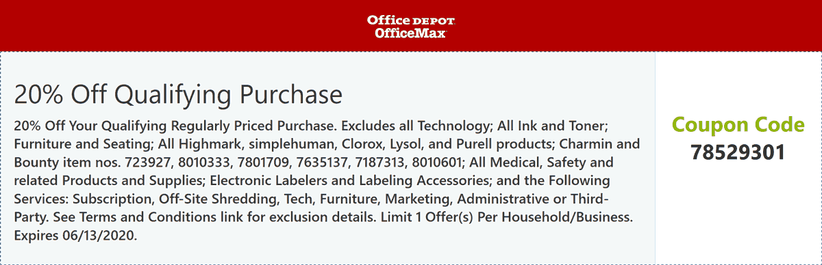 Office Depot stores Coupon  20% off at Office Depot & OfficeMax via promo code 78529301 #officedepot
