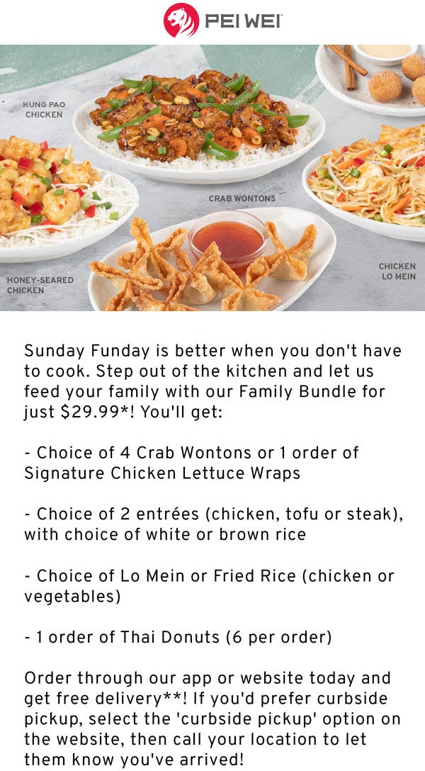 Pei Wei restaurants Coupon  Crab wontons + 2 entrees + lo mein or fried rice + 6 donuts + free delivery = $30 today at Pei Wei #peiwei