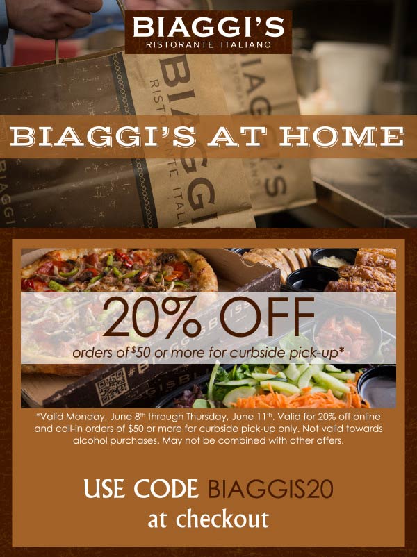 Biaggis restaurants Coupon  20% off $50 at Biaggis Italian restaurants via promo code BIAGGIS20 #biaggis