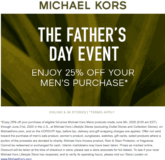 Michael Kors stores Coupon  25% off mens at Michael Kors, ditto online #michaelkors
