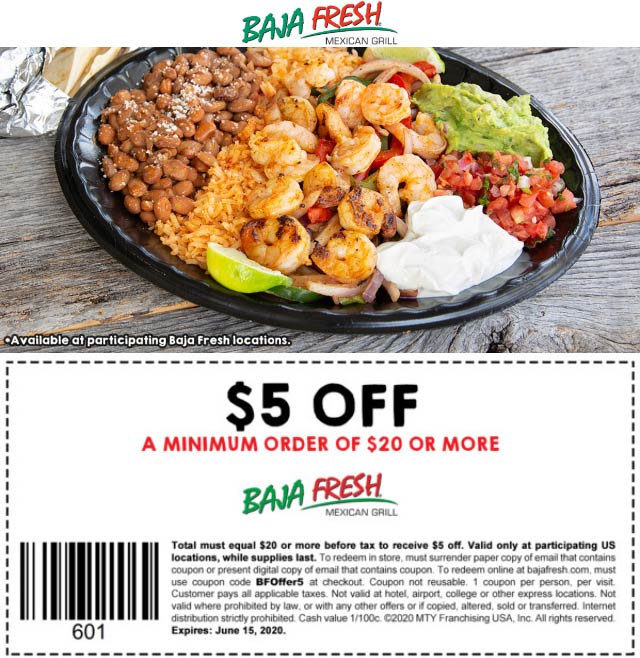 Baja Fresh restaurants Coupon  $5 off $20 at Baja Fresh Mexican restaurants #bajafresh