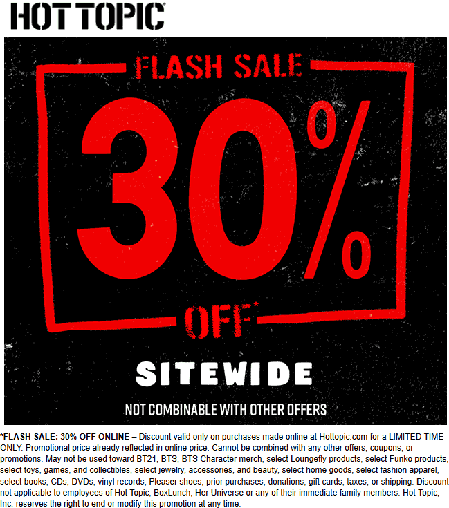 30 off everything online today at Hot Topic hottopic The Coupons App®