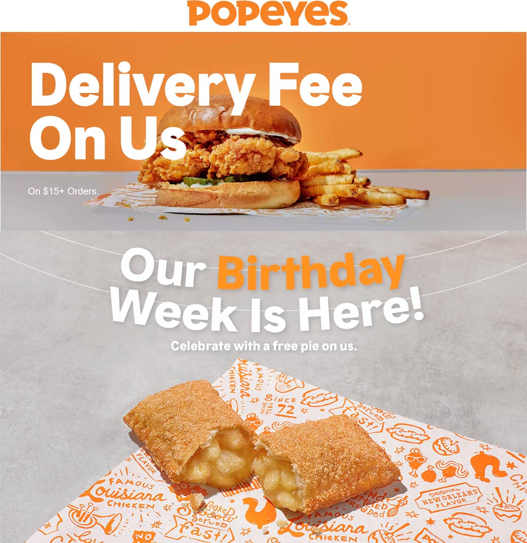 Popeyes restaurants Coupon  Free apple pie & delivery with $15 spent at Popeyes chicken #popeyes