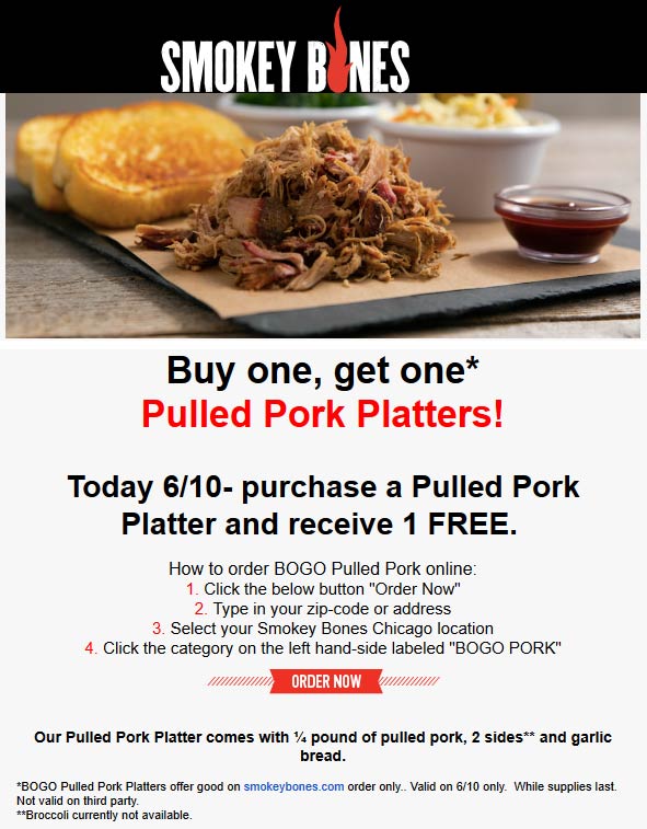 Smokey Bones restaurants Coupon  Second pork platter free today at Smokey Bones restaurants #smokeybones
