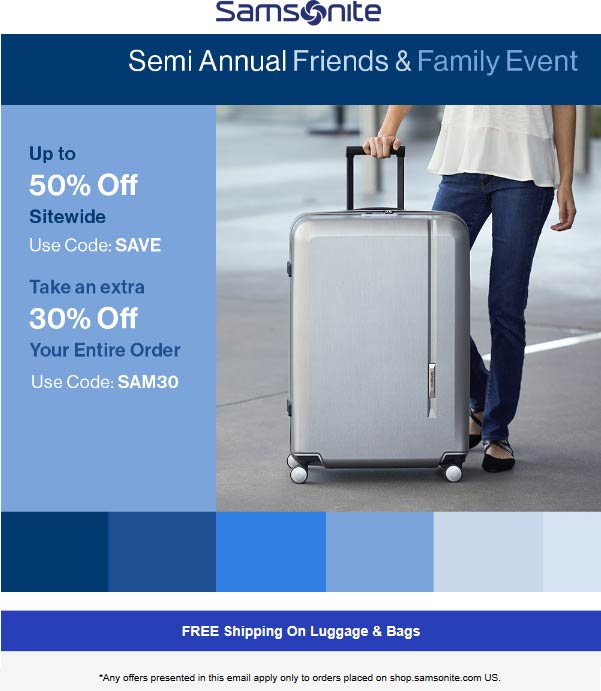 Extra 30 off all luggage at Samsonite & free shipping via promo code