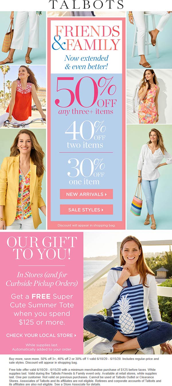 Talbots stores Coupon  50% off 3+ items at Talbots & free summer tote with $125+ #talbots