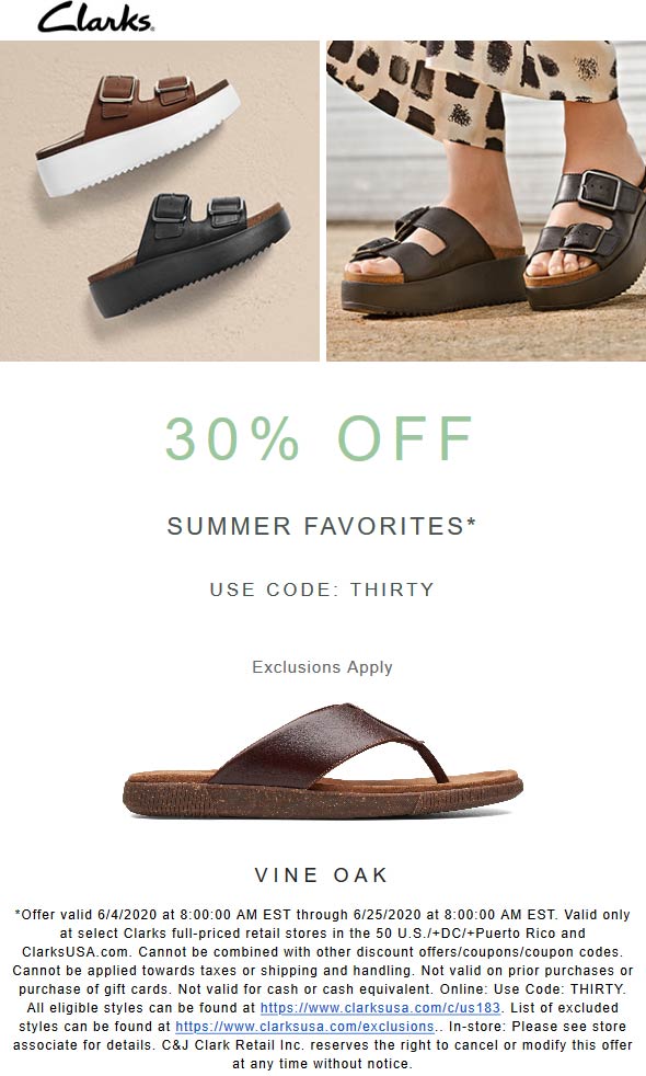30 off summer at Clarks shoes via promo code THIRTY clarks The