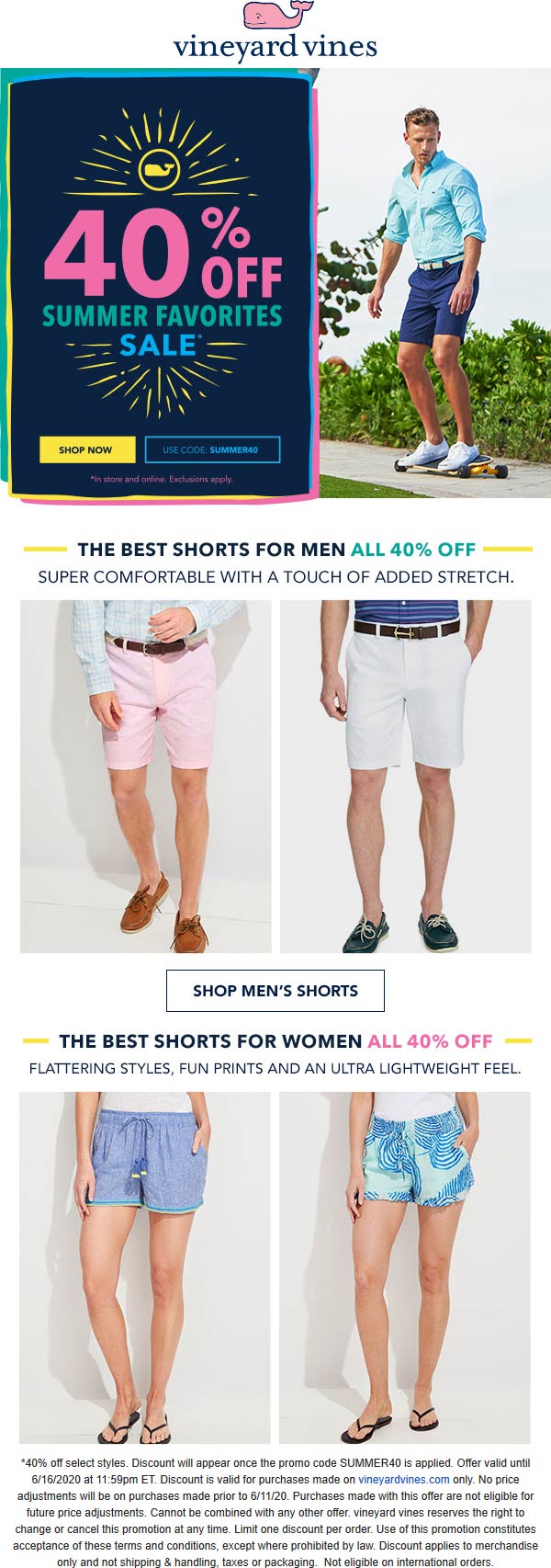 Vineyard Vines stores Coupon  40% off summer at Vineyard Vines via promo code SUMMER40 #vineyardvines