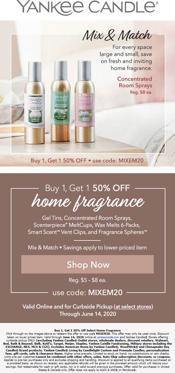 Yankee Candle stores Coupon  Second item 50% off at Yankee Candle via promo code MIXEM20 #yankeecandle