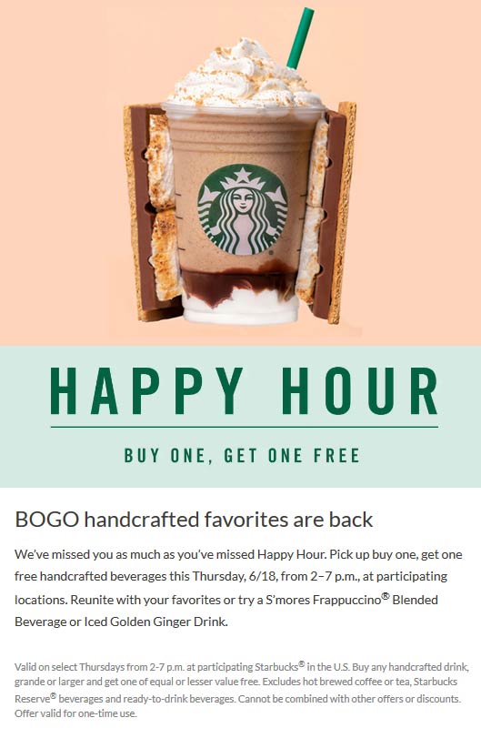 Second coffee free Thursday at Starbucks starbucks The Coupons App®