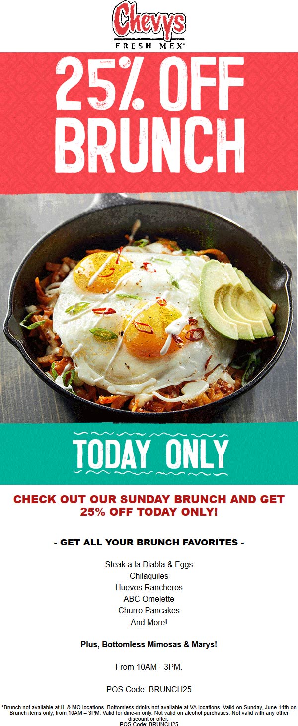 Chevys restaurants Coupon  25% off brunch today at Chevys Fresh Mex restaurants #chevys