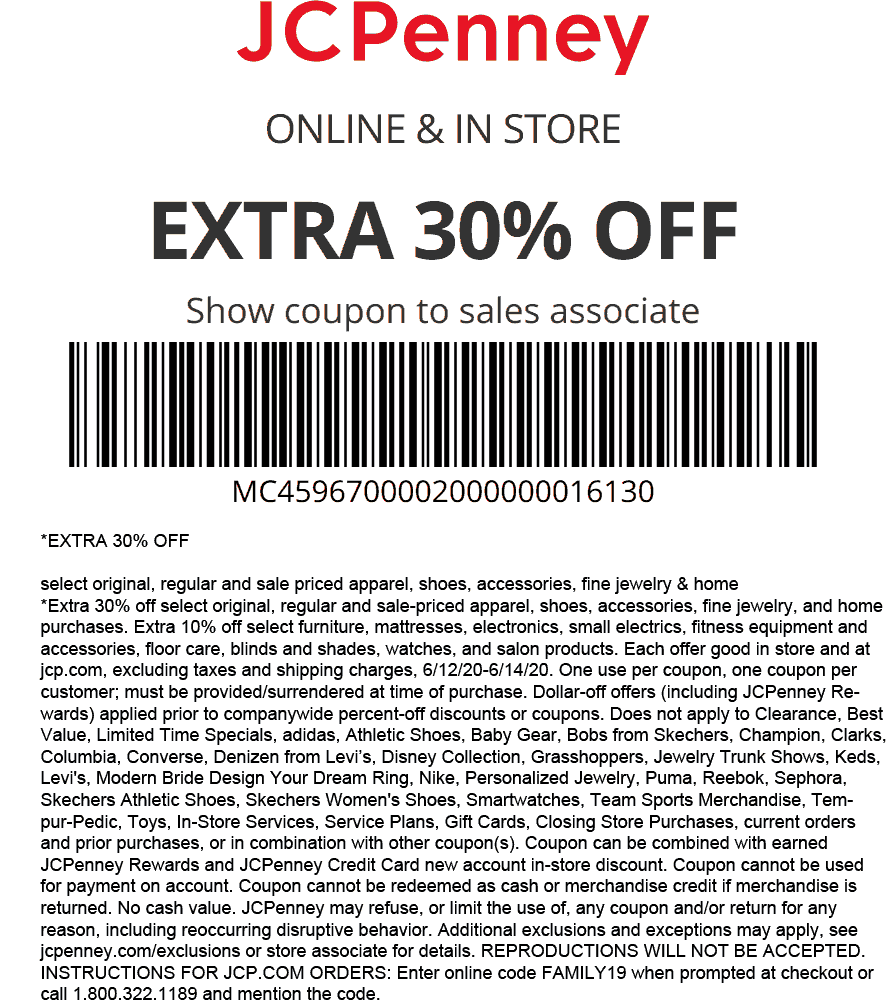 JCPenney stores Coupon  Extra 30% off today at JCPenney, or online via promo code FAMILY19 #jcpenney