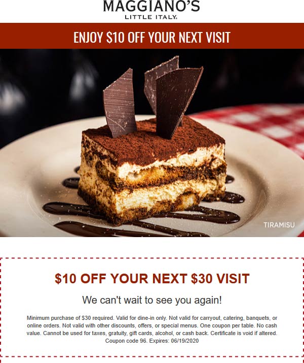 Maggianos Little Italy restaurants Coupon  $10 off $30 at Maggianos Little Italy restaurants #maggianoslittleitaly