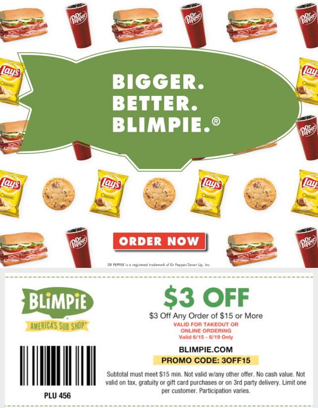 Blimpie restaurants Coupon  $3 off $15 at Blimpie sub sandwich shops via promo code 3OFF15 #blimpie