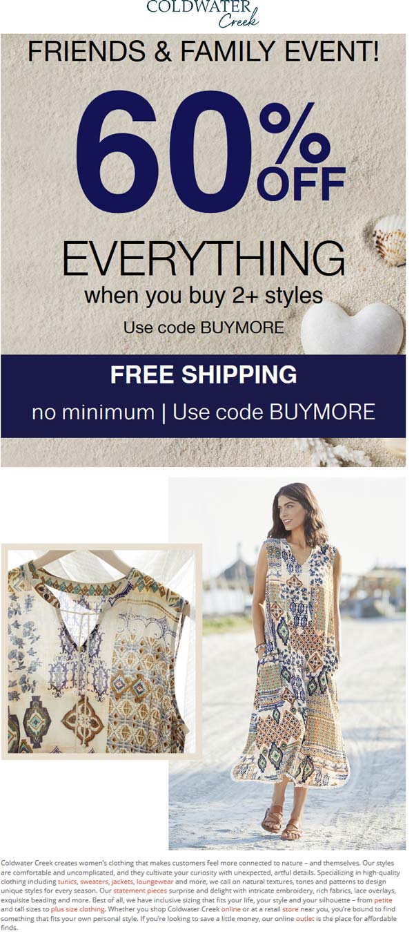 60 off 2+ items at Coldwater Creek plus free shipping via promo code