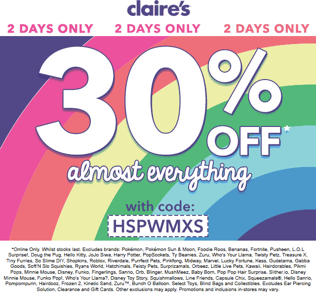 Claires stores Coupon  30% off at Claires via promo code HSPWMXS #claires