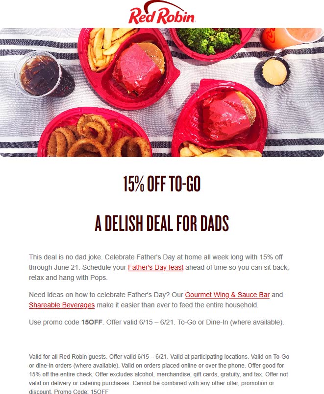 Red Robin restaurants Coupon  15% off to-go at Red Robin restaurants via promo code 15OFF #redrobin