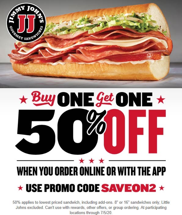 Second sub sandwich 50 off at Jimmy Johns online via promo code