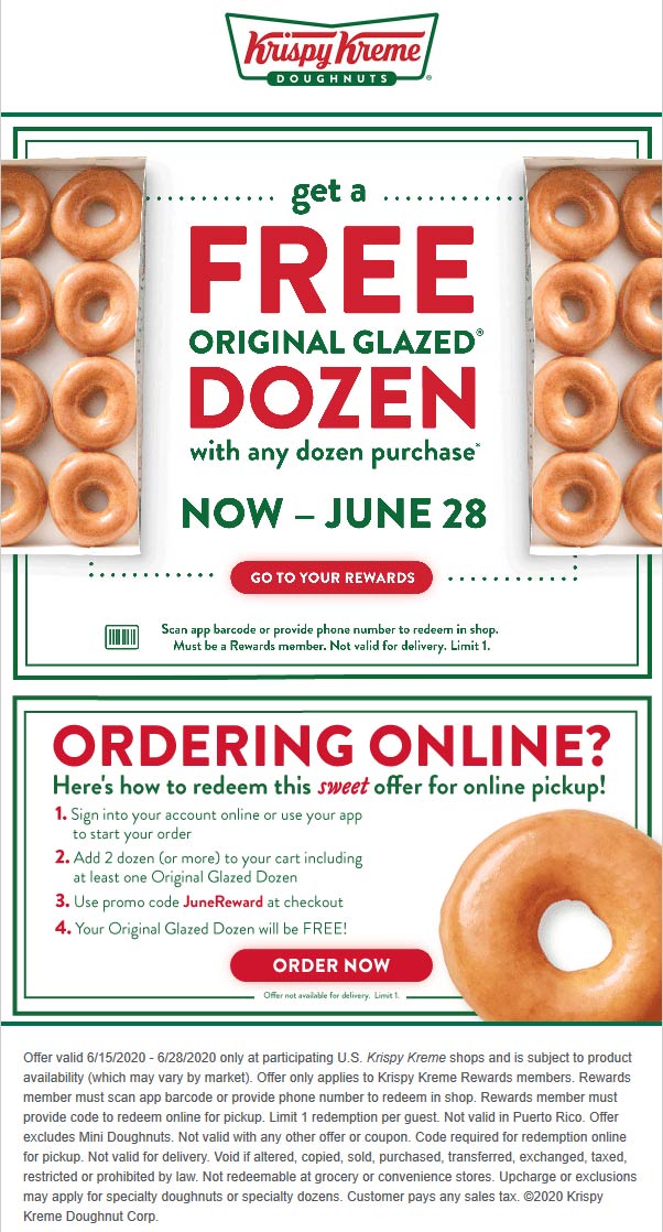 Krispy Kreme restaurants Coupon  Second dozen doughnuts free at Krispy Kreme via promo code JuneReward #krispykreme