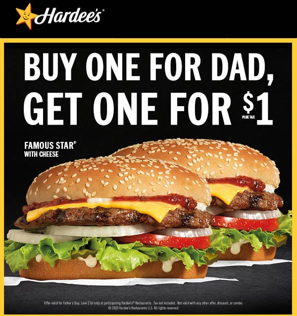 Hardees stores Coupon  Second famous star cheeseburger for $1 Sunday at Hardees #hardees