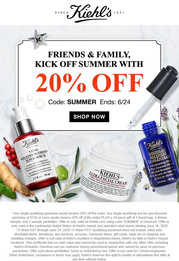 Kiehls stores Coupon  20% off at Kiehls via promo code SUMMER #kiehls