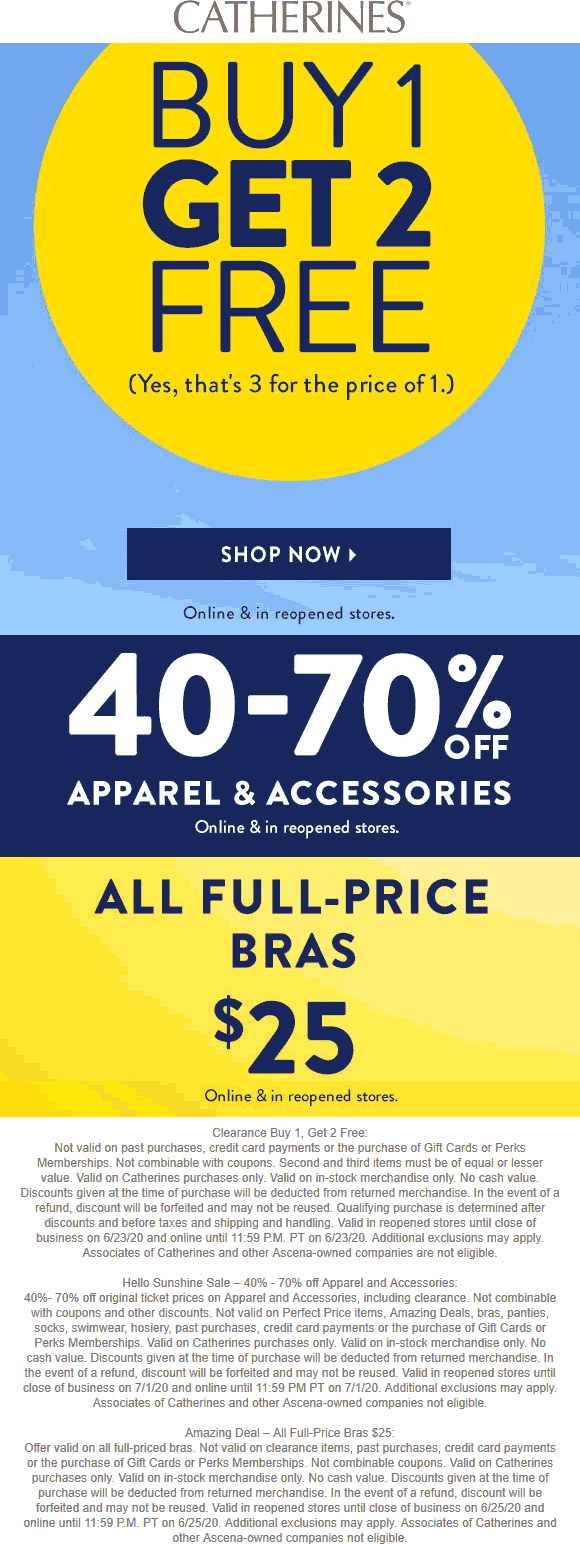 Catherines stores Coupon  3-for-1 on clearance + 40-70% off apparel at Catherines, ditto online #catherines