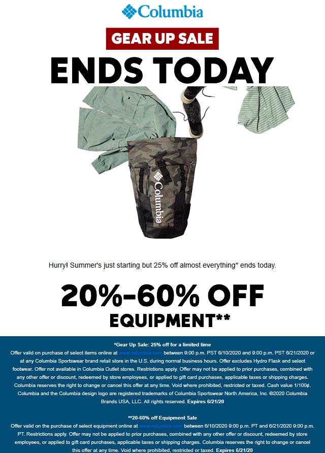Columbia stores Coupon  25% off today at Columbia Sportswear, ditto online #columbia