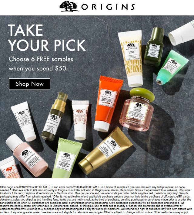 Origins stores Coupon  6 samples free with $50 spent online today at Origins #origins