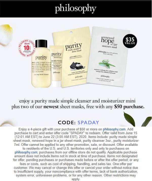 Philosophy stores Coupon  $35 facial kit free with $50 spent today at Philosophy via promo code SPADAY #philosophy