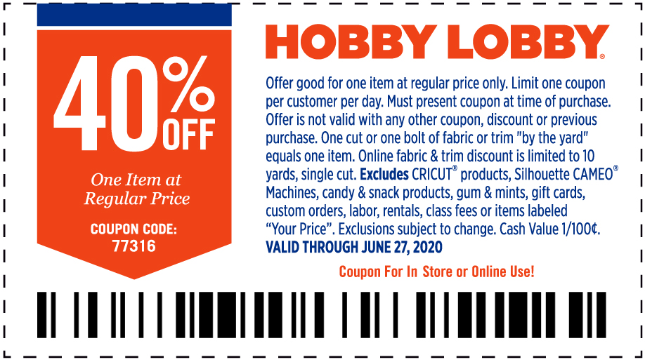 Hobby Lobby stores Coupon  40% off a single item at Hobby Lobby, or online via promo code 77316 #hobbylobby