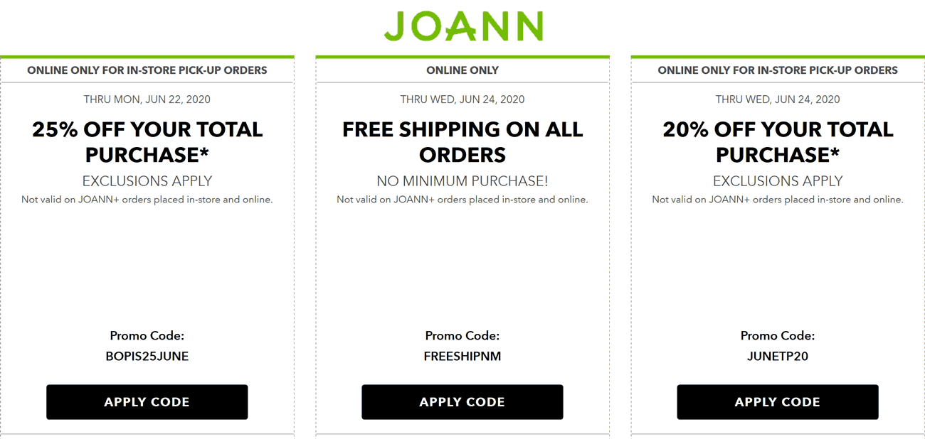 Joann stores Coupon  20-25% off at Joann, or online via promo code JUNETP20 or BOPIS25JUNE #joann
