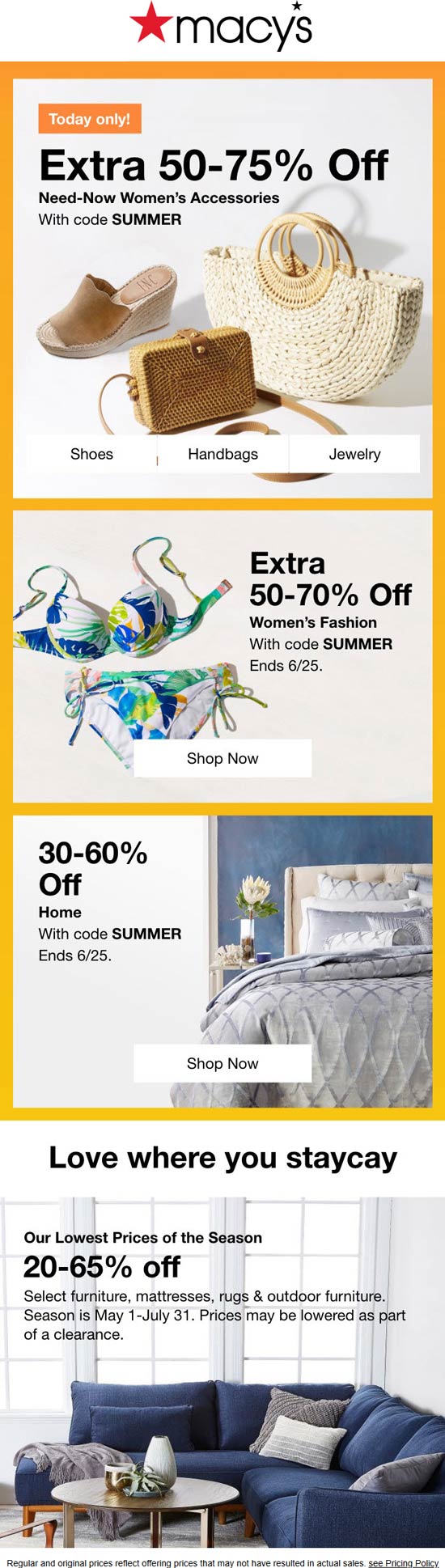 Macys stores Coupon  50-75% off accessories & more today at Macys via promo code SUMMER #macys