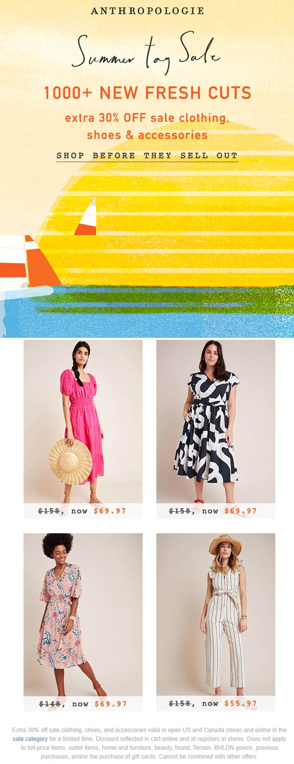 Anthropologie stores Coupon  Extra 30% off sale clothing shoes & accessories at Anthropologie, ditto online #anthropologie