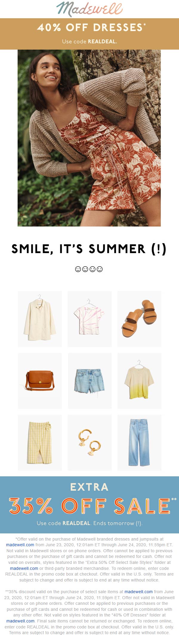 Extra 35 off sale items, 40 off dresses at Madewell via promo code