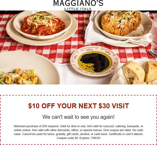 10 off 30 at Maggianos Little Italy restaurants maggianoslittleitaly
