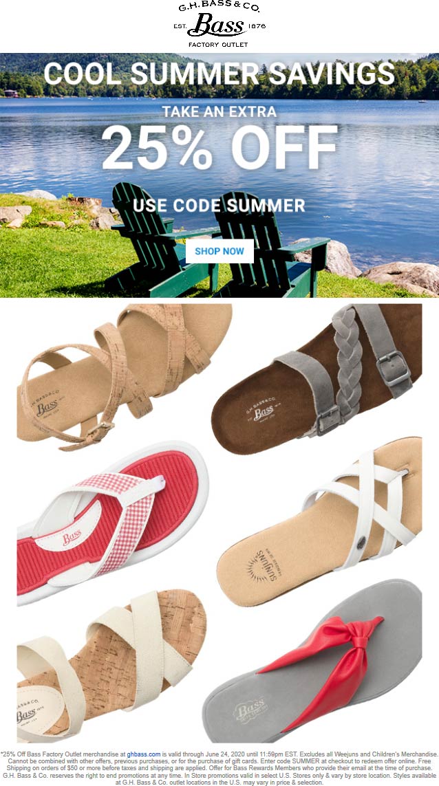 Bass Factory Outlet stores Coupon  Extra 25% off today at Bass Factory Outlet via promo code SUMMER #bassfactoryoutlet