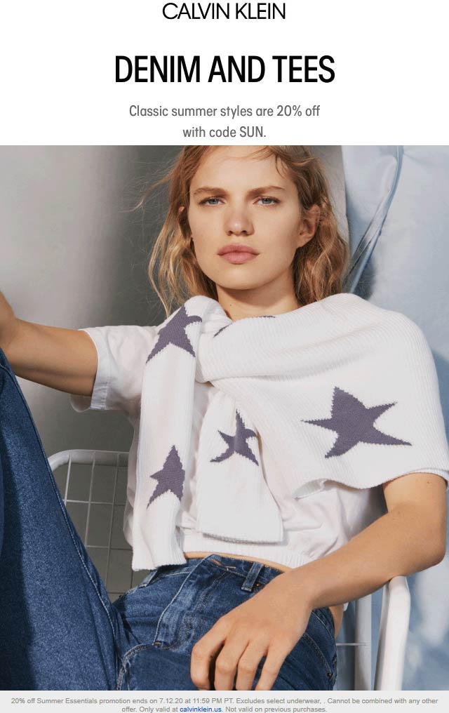 Calvin Klein stores Coupon  20% off summer styles at Calvin Klein via promo code SUN #calvinklein