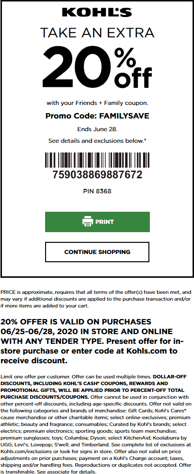 July 2021 20 Off At Kohls Or Online Via Promo Code Familysave Kohls Coupon Promo Code The Coupons App